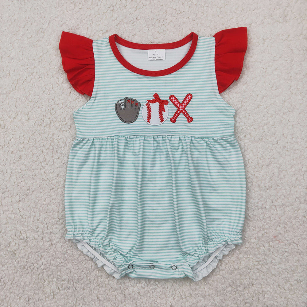 RTS NO MOQ Baby Girls Summer Bodysuit SR2892 Embroidery Baseball Flutter Sleeve Rompers