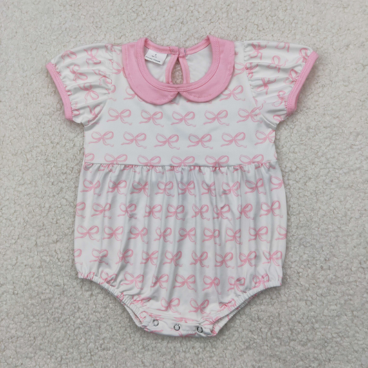 RTS NO MOQ Baby Girls Summer Bodysuit SR2893 Pink Short Sleeve Bows Doll Collar Rompers