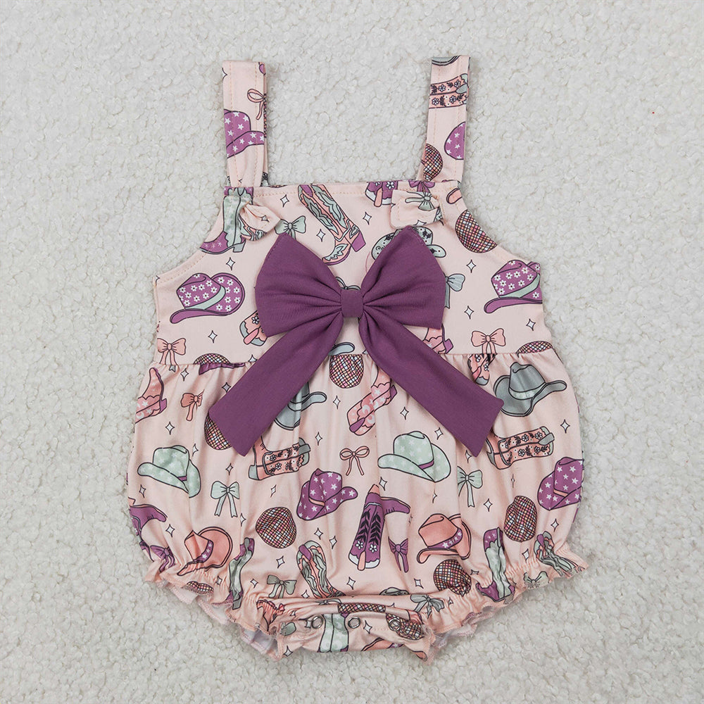 RTS NO MOQ  Baby Girls Summer Bodysuit SR2897 Pink Strap Hats Boots Purple Bow Top Ruffle Rompers