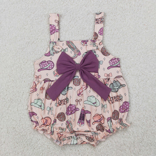 RTS NO MOQ  Baby Girls Summer Bodysuit SR2897 Pink Strap Hats Boots Purple Bow Top Ruffle Rompers