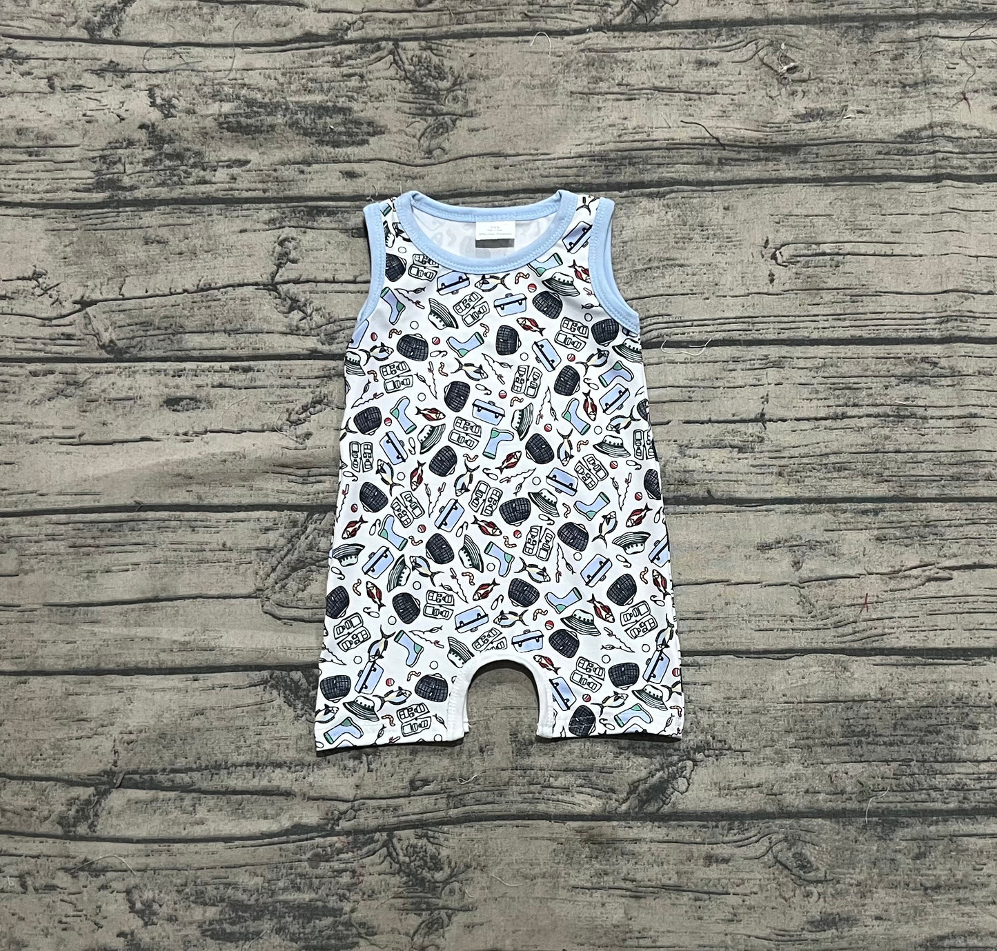 4.18 SR2900 Baby Infant Boys Sleeveless Fishes Rain Shoes Fishing Rompers Pre order