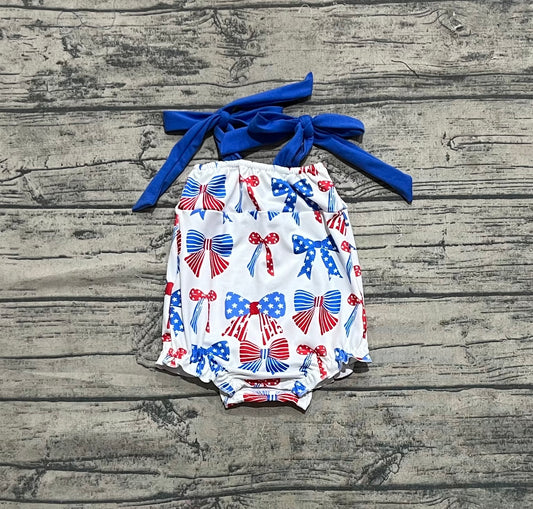 4.18 SR2902 Baby Infant Boys Blue Strap Red Bows Stars 4th Of July Rompers Pre order