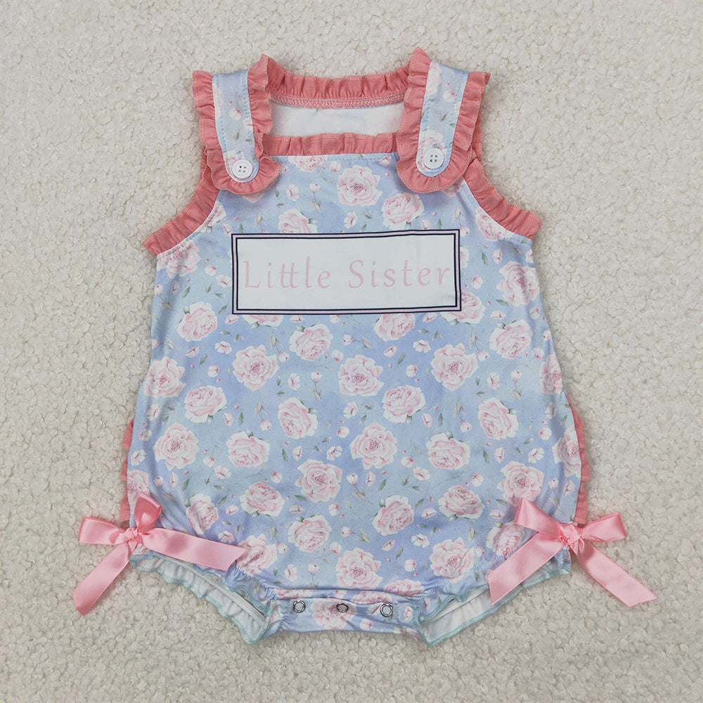 RTS NO MOQ Baby Girls Summer Bodysuit SR2911 Pink Ruffle Sleeveless Little Sister Floral Rompers