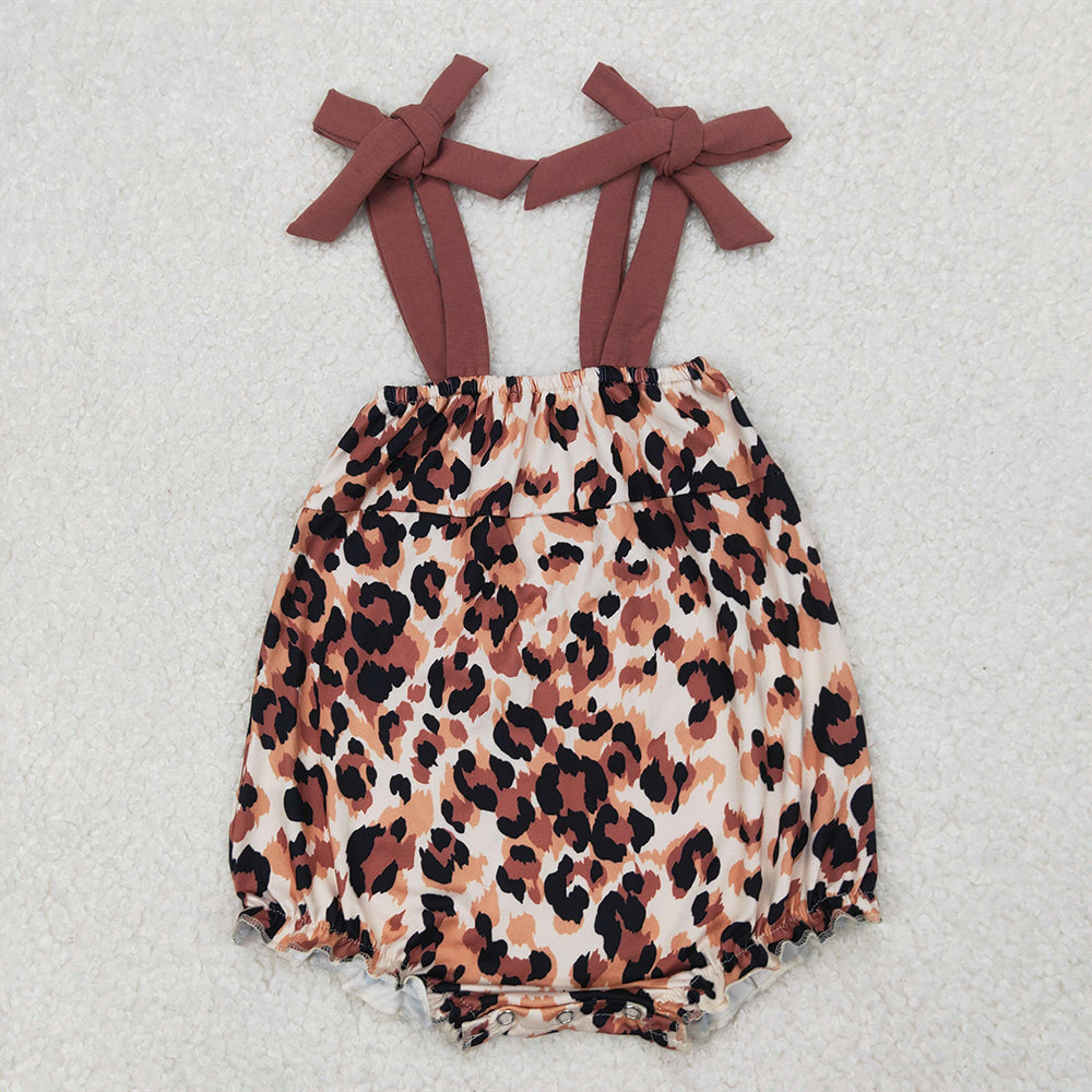 RTS NO MOQ Baby Girls Summer Bodysuit SR2913 Dark Brown Bows Strap Leopard Rompers