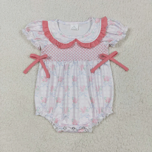 RTS NO MOQ Summer Sibling Baby Girls Embroidery Pink Bows Rompers Outfits Sets