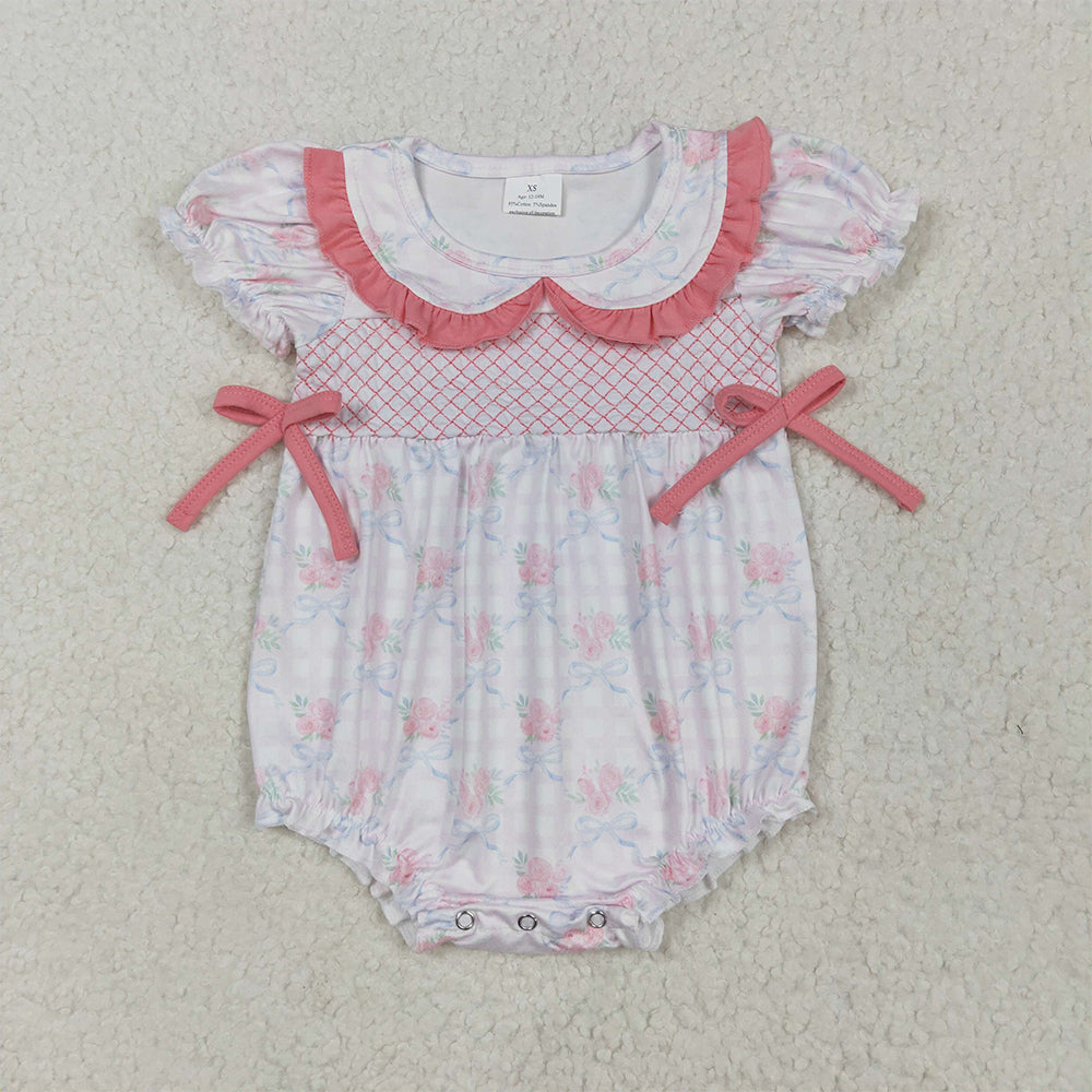 RTS NO MOQ Baby Girls Summer Bodysuit SR2917 Pink Short Ruffle Sleeves Floral Bows Top Rompers