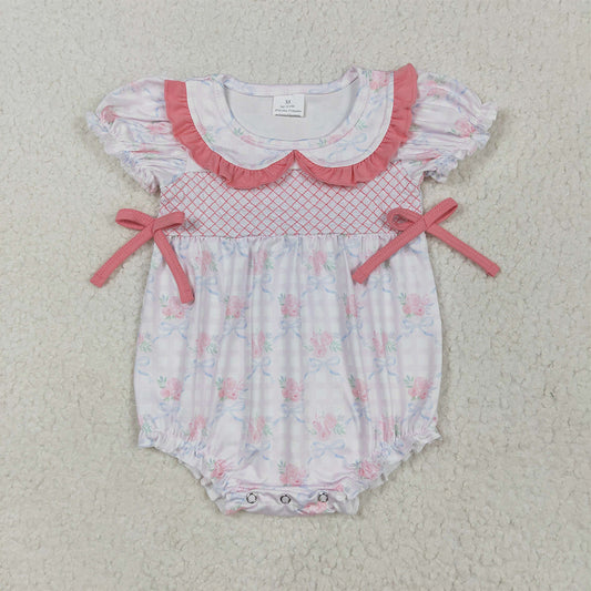RTS NO MOQ Baby Girls Summer Bodysuit SR2917 Pink Short Ruffle Sleeves Floral Bows Top Rompers