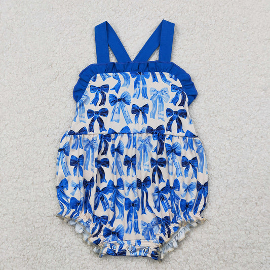 RTS NO MOQ Baby Girls Summer Bodysuit SR2919 Blue Strap Bows Ruffle Rompers