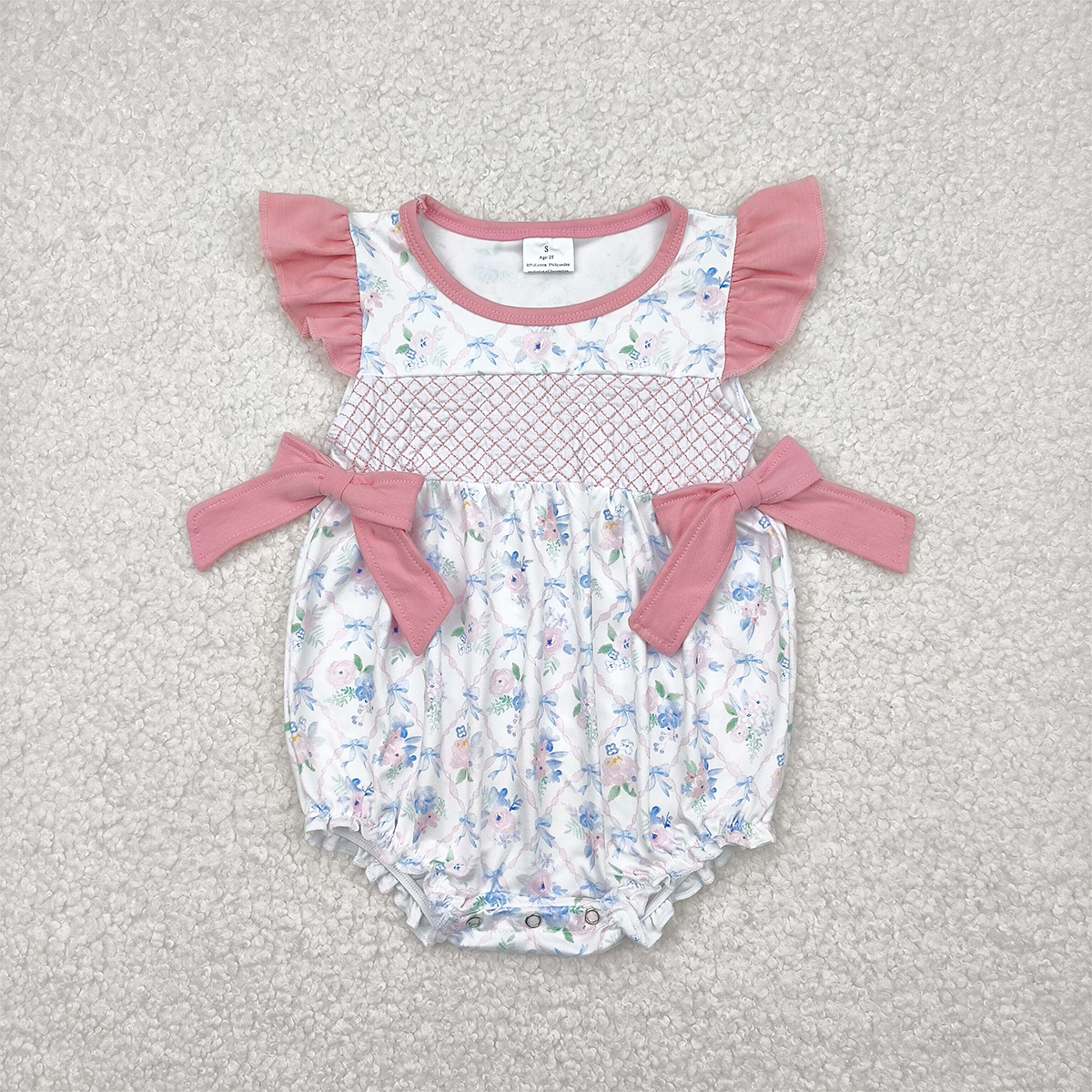 RTS NO MOQ Baby Girls Summer Bodysuit SR2923 Embroidery Pink Flutter Sleeves Floral Bows Top Ruffle Rompers