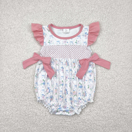 RTS NO MOQ Baby Girls Summer Bodysuit SR2923 Embroidery Pink Flutter Sleeves Floral Bows Top Ruffle Rompers