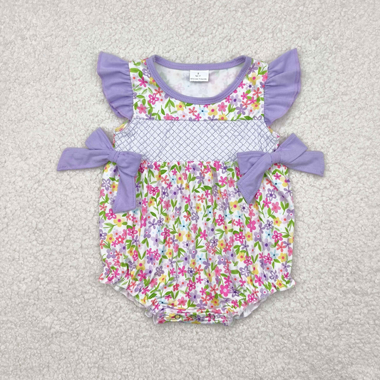 RTS NO MOQ Baby Girls Summer Bodysuit SR2928 Embroidery Lavender Flutter Sleeves Floral Bows Top Ruffle Rompers