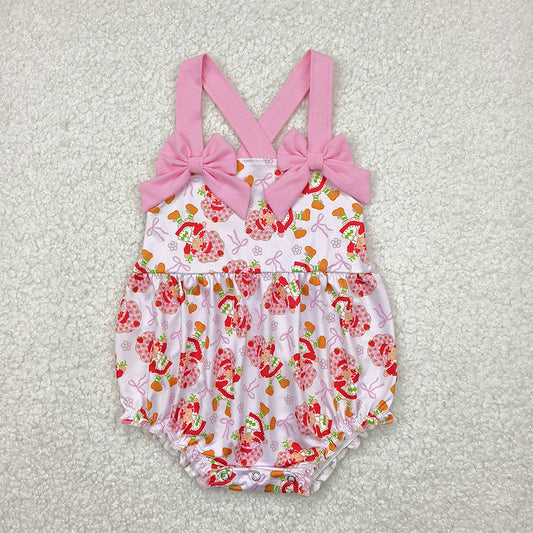 RTS NO MOQ Baby Girls Summer Bodysuit SR2933 Pink Bows Strap Bows Strawberry Ruffle Rompers