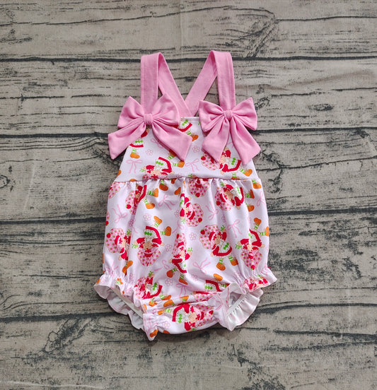4.8 SR2933 Baby Infant Girls Pink Bows Strap Bows Strawberry Ruffle Rompers Pre order