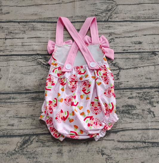 4.8 SR2933 Baby Infant Girls Pink Bows Strap Bows Strawberry Ruffle Rompers Pre order