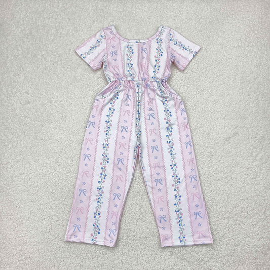 RTS NO MOQ Summer Baby Girls Bodysuit SR2941 Pink Short Sleeves Bows Floral Pockets Jumpsuits