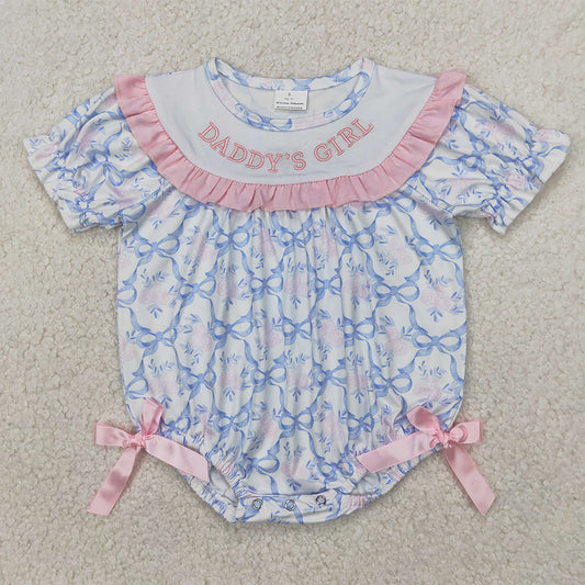 RTS NO MOQ Baby Girls Summer Bodysuit SR2944 Embroidery Blue Bows DADDY'S GIRL Ruffle Rompers