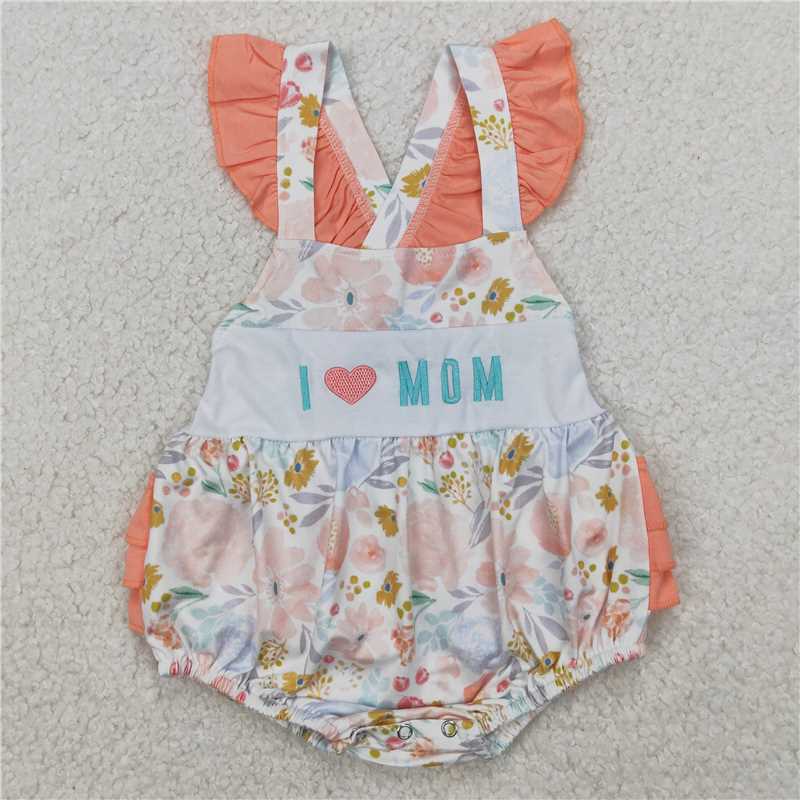 RTS NO MOQ Summer Sibling  Baby Girls Embroidery I LOVE MOM Rompers Summer Outfits