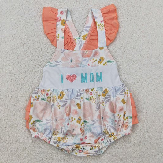 RTS NO MOQ Baby Girls Summer Bodysuit SR2948 Embroidery  I LOVE MOM Floral Ruffle Rompers
