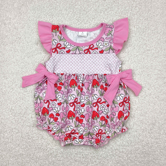 RTS NO MOQ Baby Girls Summer Bodysuit SR2953 Embroidery Pink Bows Floral Strawberry Ruffle Rompers