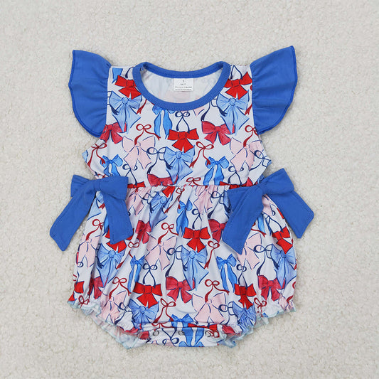 RTS NO MOQ Baby Girls Summer Bodysuit SR2954 Flutter Sleeves Blue Hot Bows 4th Of July Ruffle Rompers