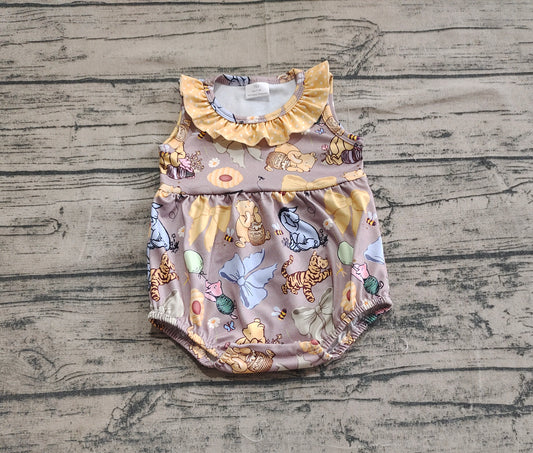 4.8 SR2963 Baby Infant Girls Gray Sleeveless Cartoon Pigs Tigers Ruffle Rompers Pre order