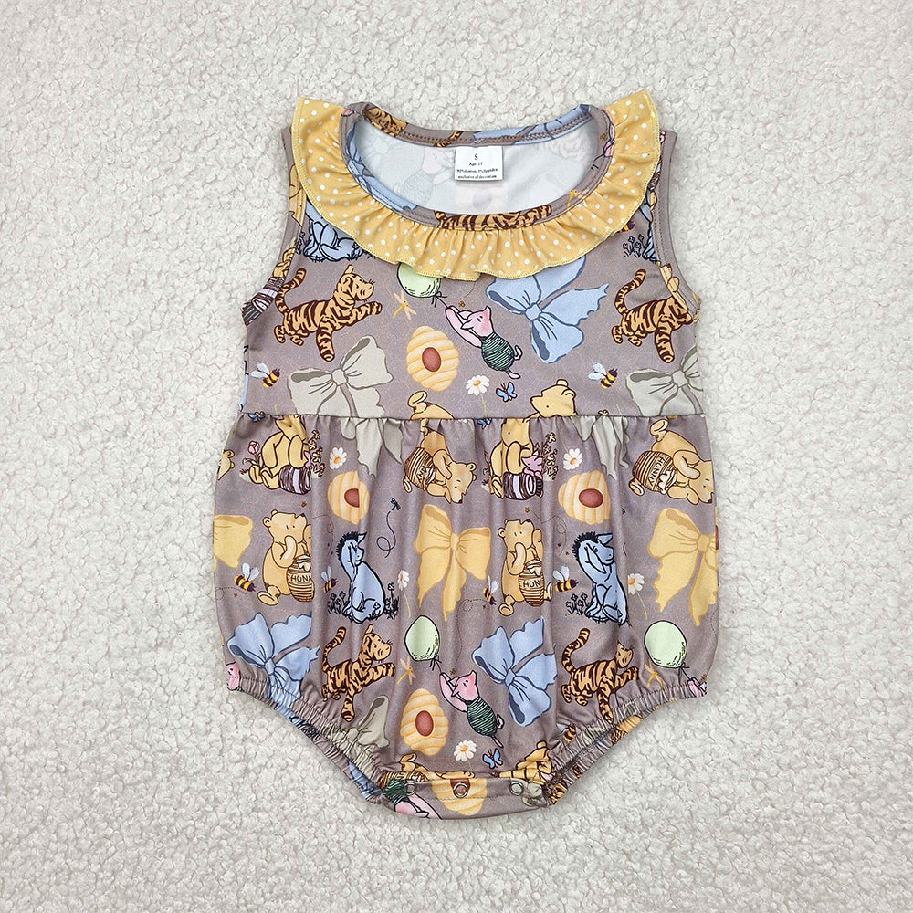 RTS NO MOQ Baby Girls Summer Bodysuit SR2963 Yellow Sleeveless Ruffle Bows Bear Rompers