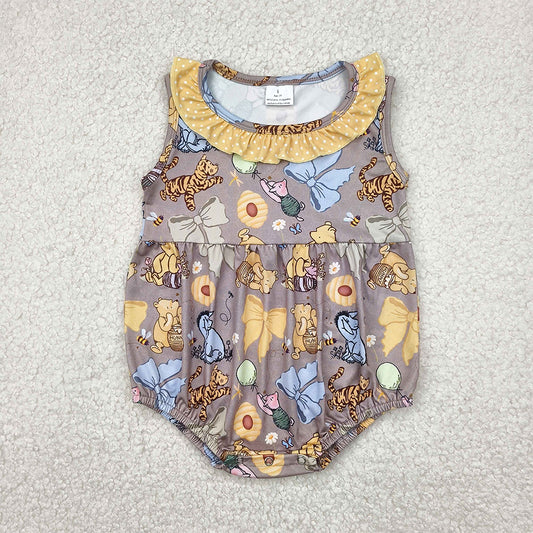 RTS NO MOQ Baby Girls Summer Bodysuit SR2963 Yellow Sleeveless Ruffle Bows Bear Rompers