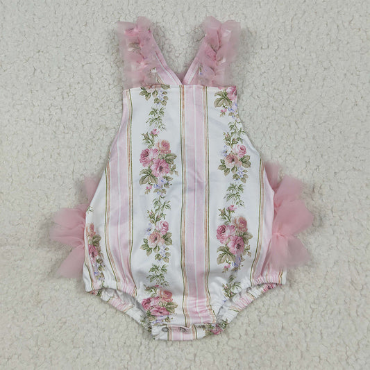 7.15 RTS NO MOQ Summer Baby Girls Bodysuit SR2964 Pink Tulle Strap Floral Stripe Ruffle Rompers