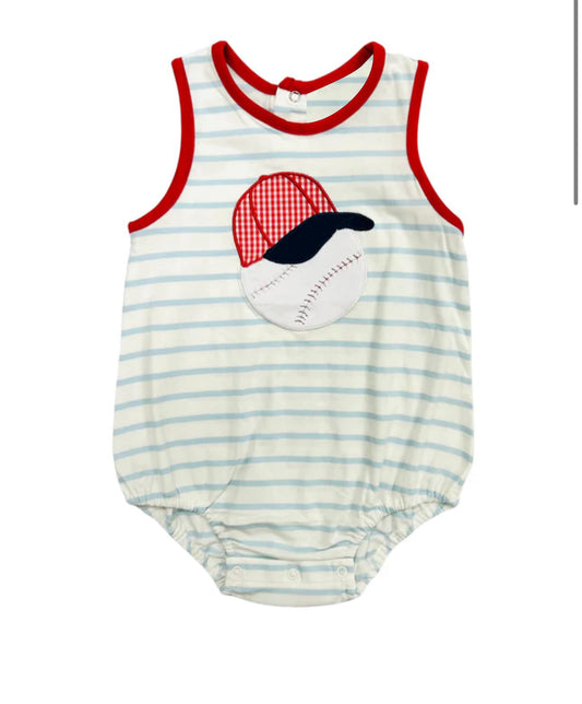 4.12 SR2970 Baby Infant Boys Blue Stripe Sleeveless Baseball Hat Rompers Pre order