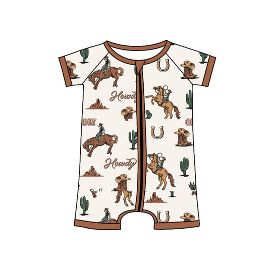 4.12 SR2971  Baby Infant Boys Brown Short Sleeves Horse Rodeos Cactus Zipper Rompers Pre order