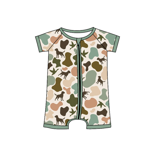 4.12 SR2972 Baby Infant Boys Short Sleeves Green Dogs Ducks Camo Zipper Rompers Pre order