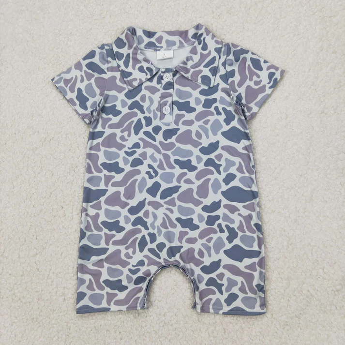 RTS NO MOQ Summer Sibling Baby Boys Grey Short Sleeves Camouflage Polo Shirt Button Rompers