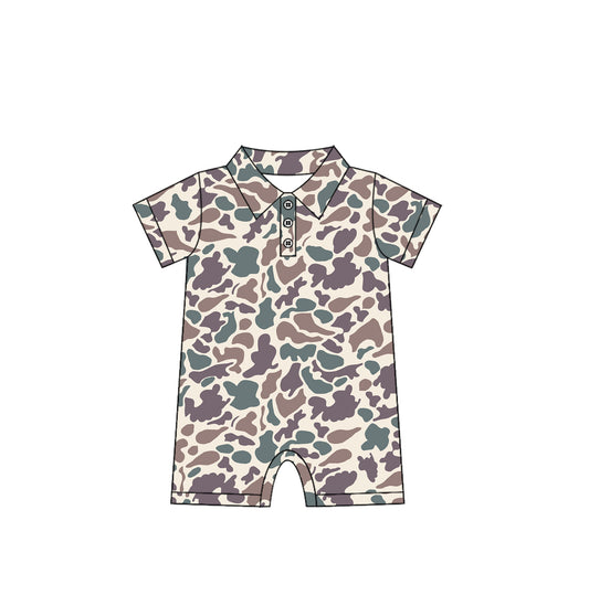 4.12 SR2975 Baby Infant Boys Short Sleeves Lavender Camo Button Rompers Pre order