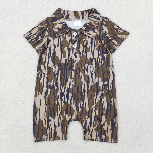 RTS NO MOQ Summer Sibling Baby Boys Short Sleeves Bottomland Camo Button Polo Shirts Top Rompers