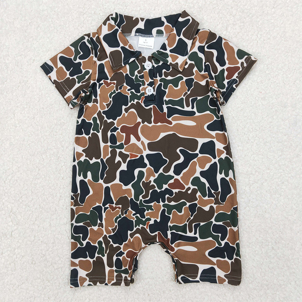 RTS NO MOQ Baby Boys Summer Bodysuit SR2979 Short Sleeves Dark Brown Camo Button Rompers