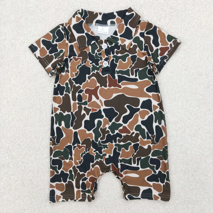 RTS NO MOQ Summer Sibling Baby Boys Short Sleeves Camouflage Polo Shirt Button Rompers