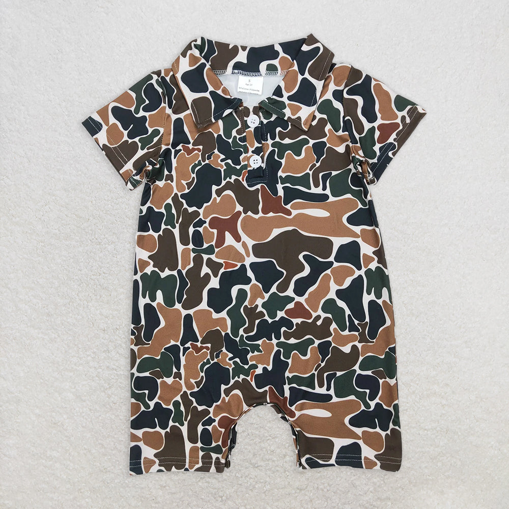 RTS NO MOQ Baby Boys Summer Bodysuit SR2979 Short Sleeves Dark Brown Camo Button Rompers