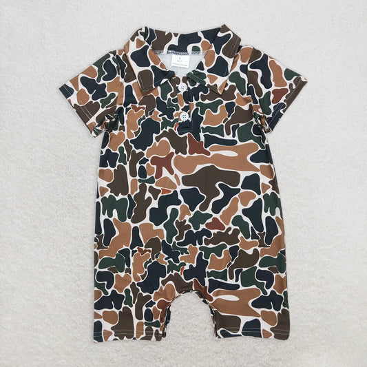 RTS NO MOQ Baby Boys Summer Bodysuit SR2979 Short Sleeves Dark Brown Camo Button Rompers