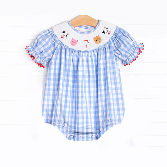 4.12 SR2981 Baby Infant Girls Blue Plaid Short Ruffle Sleeves Cows Pigs Farm Smocked Rompers Pre order