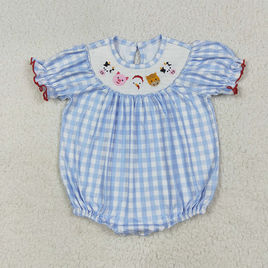 6.24 RTS NO MOQ Summer Baby Girls Bodysuit SR2981 Blue Plaid Cows Pigs Farm Smocked Rompers