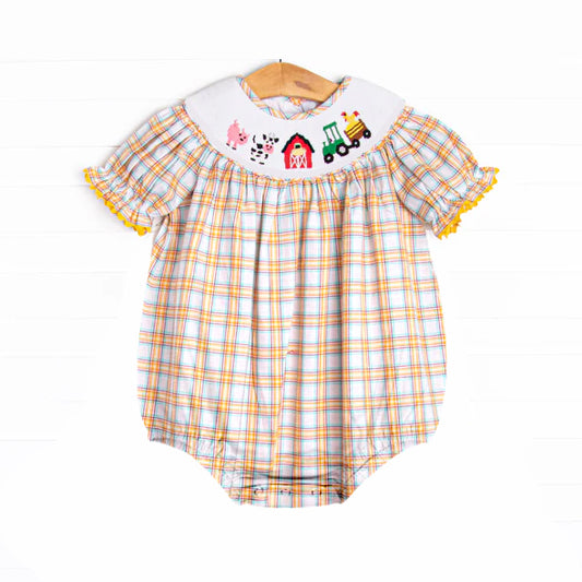 4.12 SR2982 Baby Infant Girls Orange Plaid Short Ruffle Sleeves Cows Pigs Farm Smocked Rompers Pre order