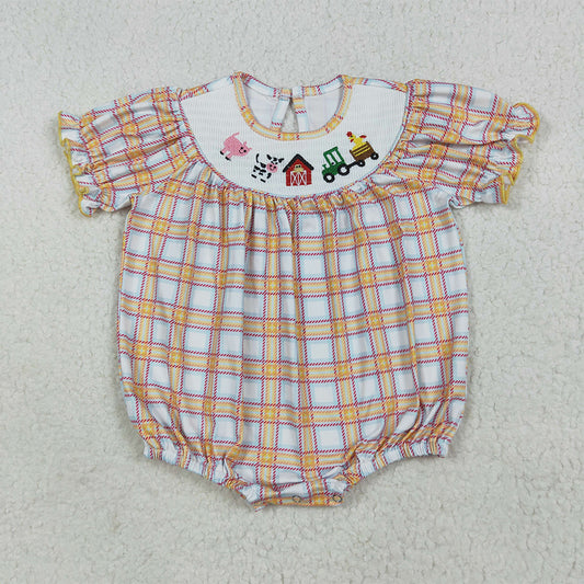 7.15 RTS NO MOQ Summer Baby Girls Bodysuit SR2982 Fall Plaid Cows Farm Smocked Rompers