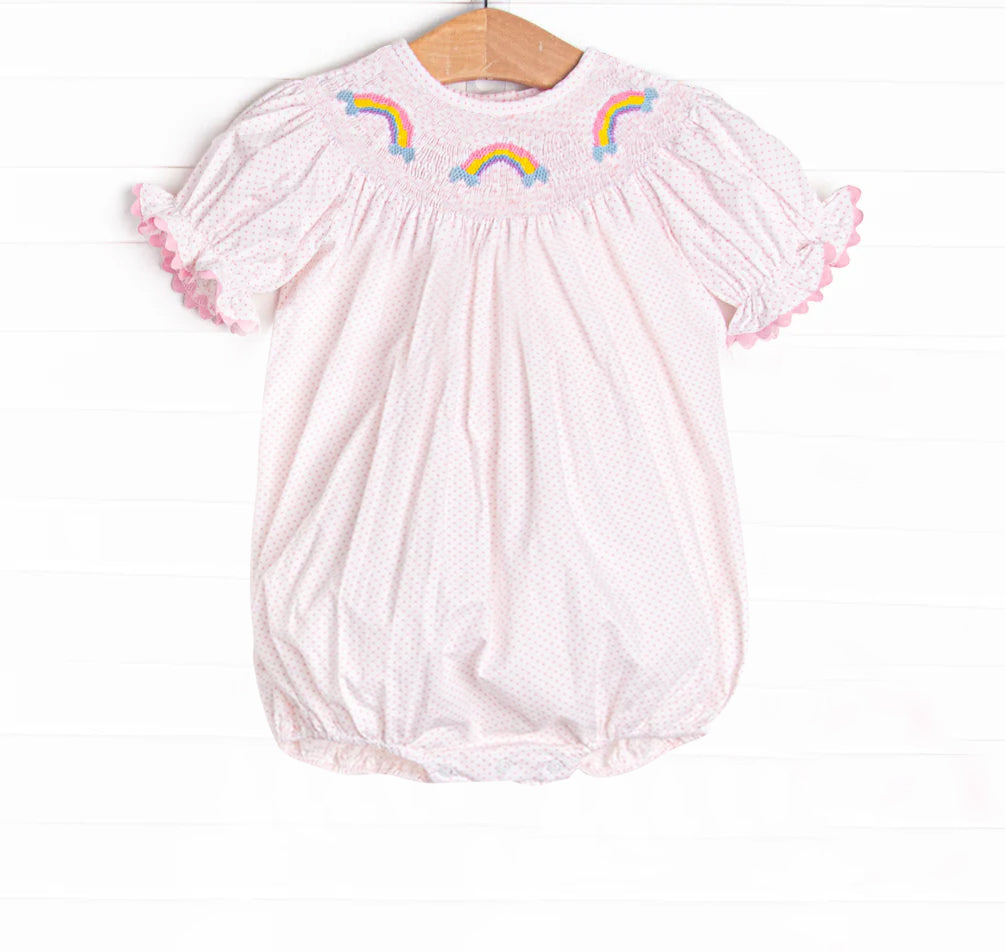 4.12 SR2983 Baby Infant Girls Pink Polka Dots Short Ruffle Sleeves Rainbows Smocked Rompers Pre order