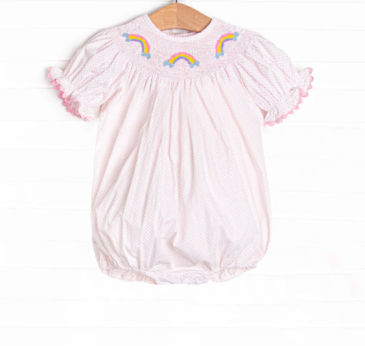 4.12 SR2983 Baby Infant Girls Pink Polka Dots Short Ruffle Sleeves Rainbows Smocked Rompers Pre order