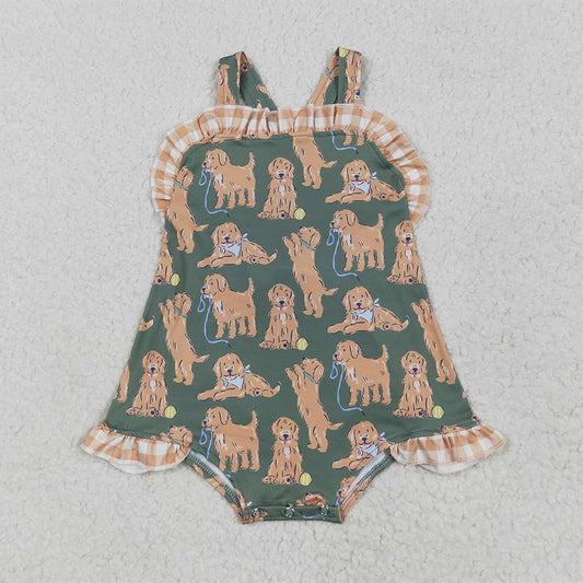 RTS NO MOQ Baby Girls Summer Bodysuit SR2986 Green Strap Plaid Dogs Ruffle Rompers