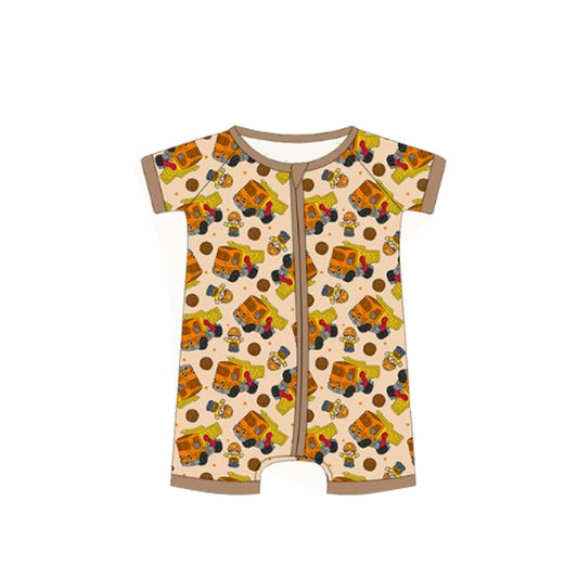 4.10 SR2989 Baby Infant Boys Khaki Short Sleeves Scarecrow Trucks Zipper Rompers Pre order