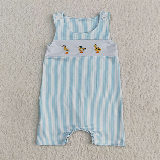 5.13 RTS NO MOQ Baby Boys Summer Bodysuit SR2991 Embroidery Blue Stripe Sleeveless Ducks Button Rompers