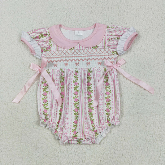 6.3 RTS NO MOQ Summer Baby Girls Bodysuit SR2994 Smocked Embroidery Pink Floral Bows Ruffle Rompers