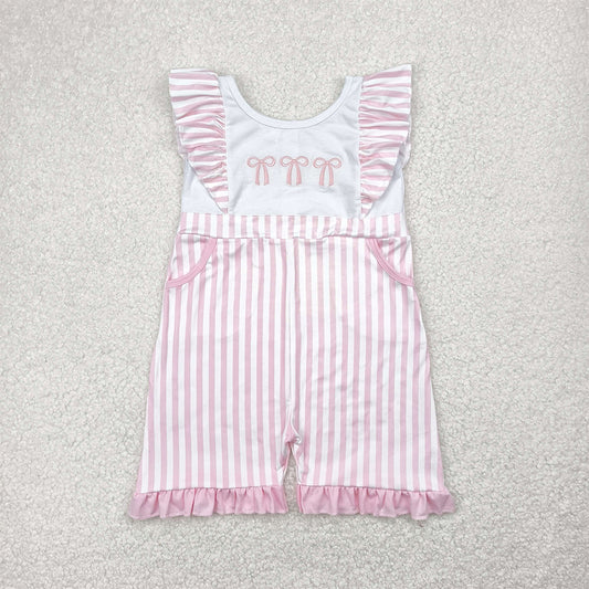 RTS NO MOQ Summer Baby Girls Bodysuit SR3025 Embroidery Flutter Sleeves Pink Bows Pockets Jumpsuits