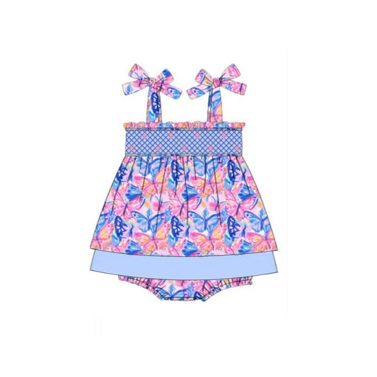 4.7 SR3028 Baby Girls Strap Colorful Butterfly Ruffle Bummies Dresses Rompers Pre order